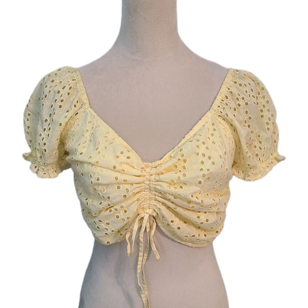 Hollister Eyelet Crop Top M Butter Yellow Milkmaid Puff Sleeve Picnic Chic Boho